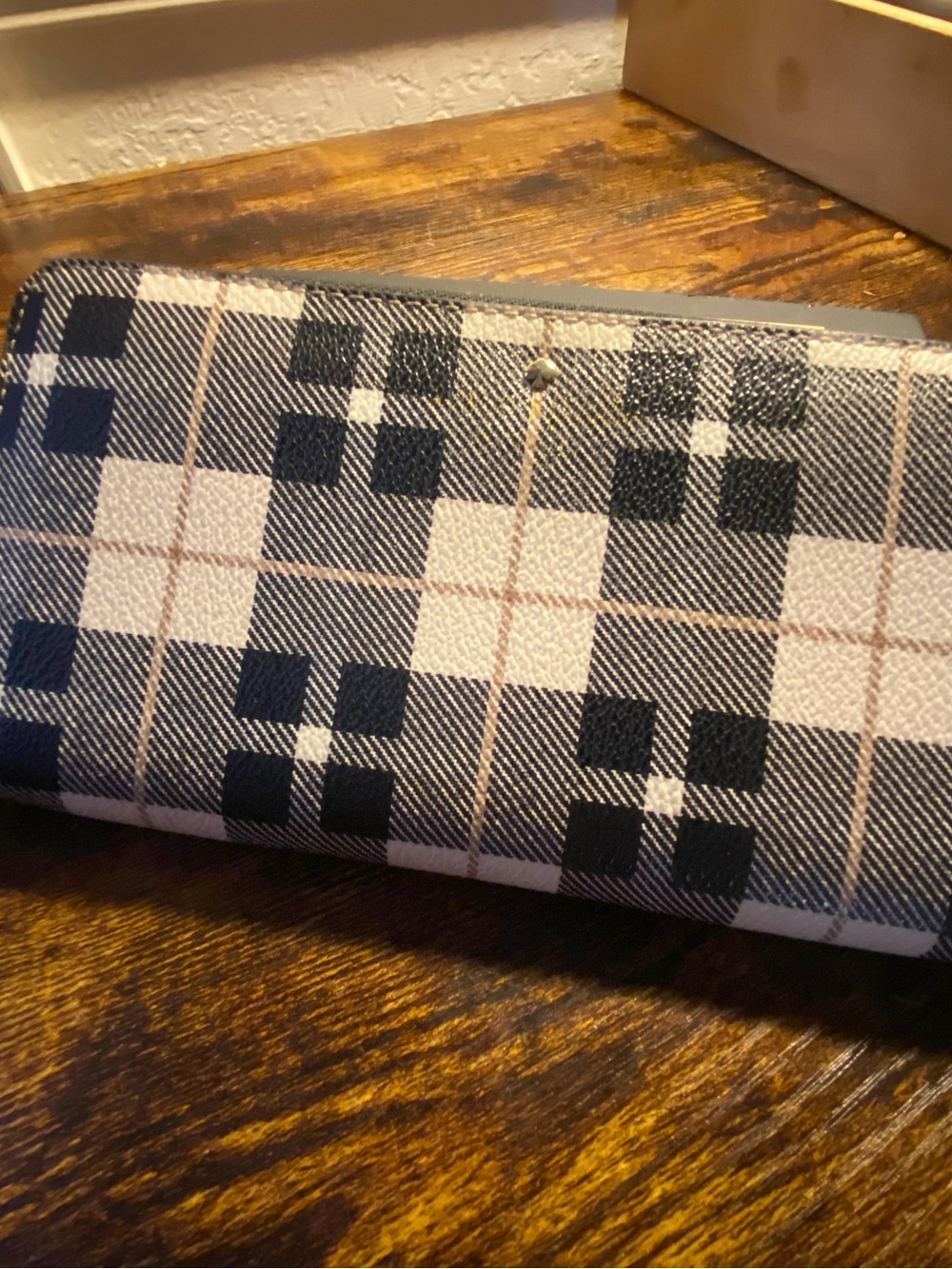 kate spade Plaid Zip-Around Wallet in Black and Cream